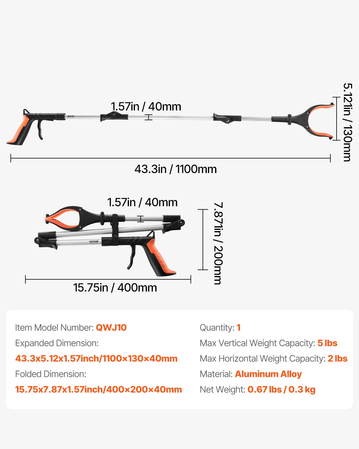 VEVOR Greifwerkzeug, 109,2 cm, faltbar, Greifzange mit 360° drehbarer Backe, Magnet und LED-Licht, leichter Greifzange für Senioren, extra langer Müllpicker, oberer Greifer
