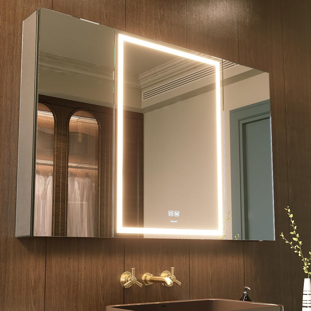 LED Lighted Bathroom Medicine Mirror Cabinet with Sockets & USBs, Anti-Fog Dimmable Light and Color Adjustment, Easy to Install Aluminum Cabinet (40 * 28 Three-Door)