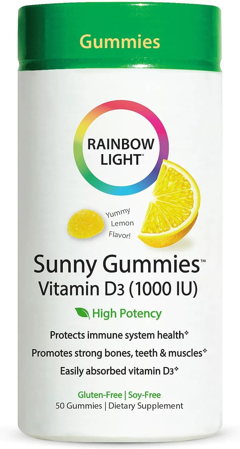 Rainbow Light – Sunny Gummies Vitamin D3 1000 IU, Support for Healthy Bones, Muscles, and Immunity in a Family-Friendly Chewable with Vitamin D3, Soy-Free, Gluten-Free, Sour Lemon, 50 Gummy Drops Rainbow Light – Sunny Gummies Vitamin D3 1000 IU, Support for Healthy Bones, Muscles, and Immunity in a Family-Friendly Chewable with Vitamin D3, Soy-Free, Gluten-Free, Sour Lemon, 50 Gummy Drops