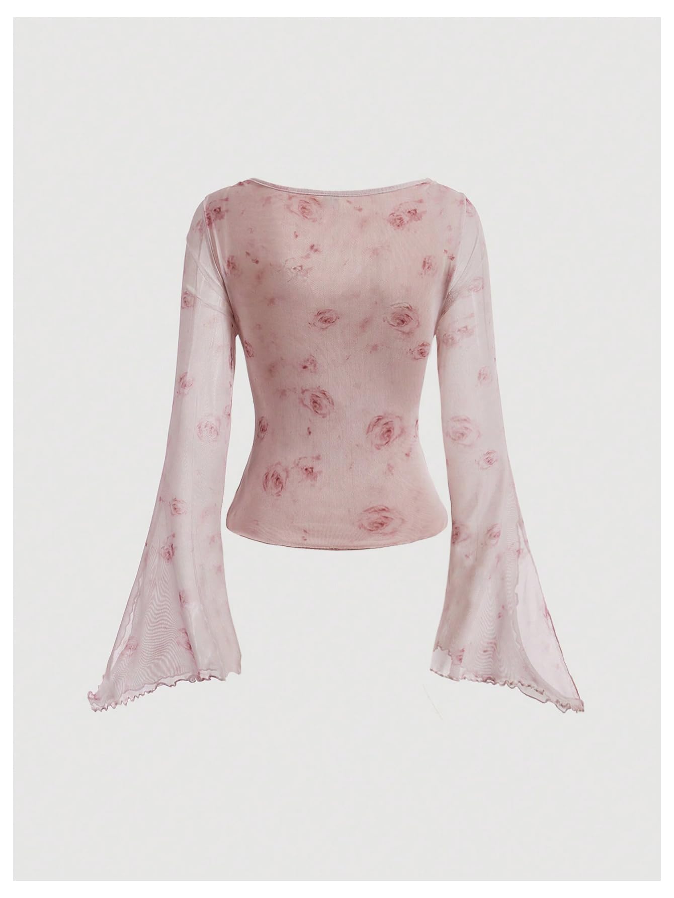 Verdusa Women's Y2K Tie Front Tops Bell Sleeve Floral Print Mesh Tops Long Sleeve Shirts 2000s Clothing: Medium Dusty Pink