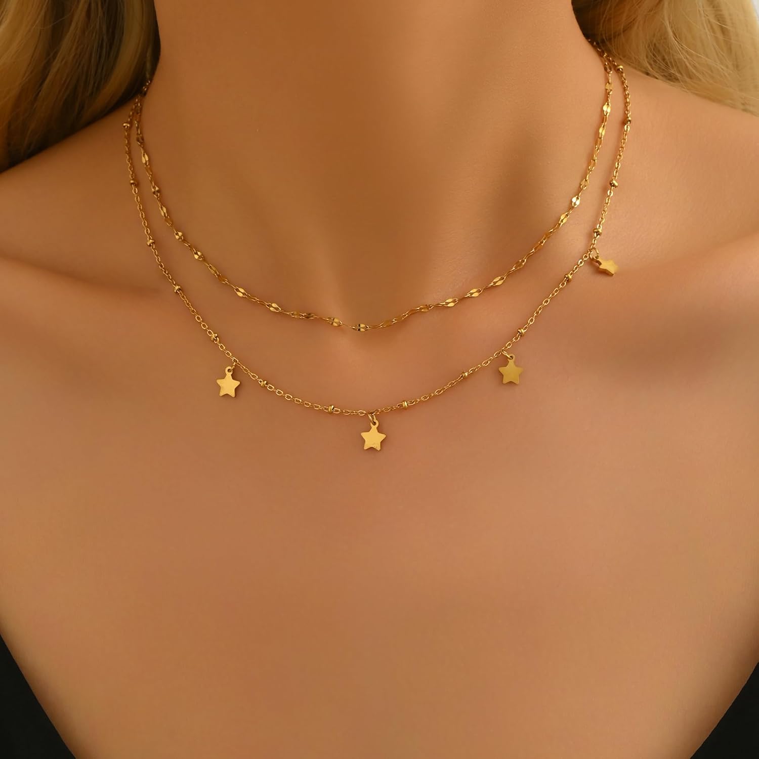 Layered Necklace for Women 18K Gold Plated,Double Layer CZ Star Sun Heart Charms,Lip Chain Minimalist Jewelry,Adjustable 14-16 Inch Everyday Boho - Image 2