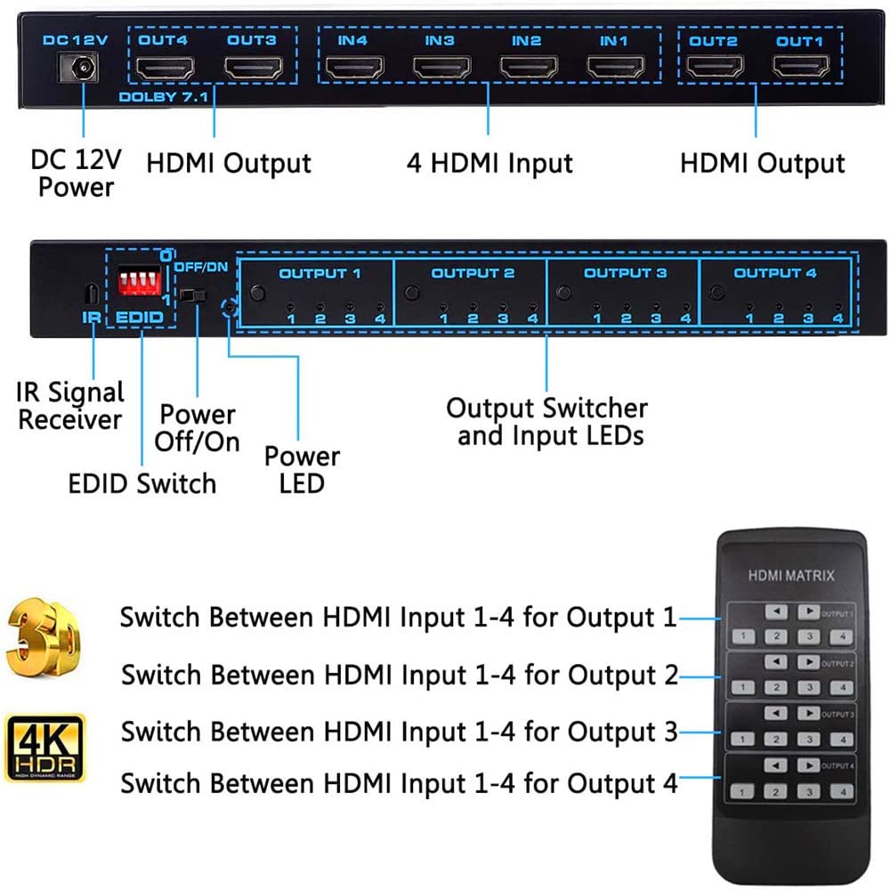 Selettore matriciale 4X4,Matrice 4K HDMI 4 ingressi 4 uscite Matrice HdMI 2.0 Porte 4x4 Supporta 4K @ 60Hz 4K Dolby Vision HDR HDCP 2.2 Supporto del telecomando