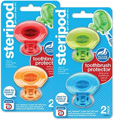 Steripod Clip-On Toothbrush Protector, Keeps Toothbrush Fresh and Clean, Fits Most Manual and Electric Toothbrushes, Blue, Green, Red, Orange, 4 Count