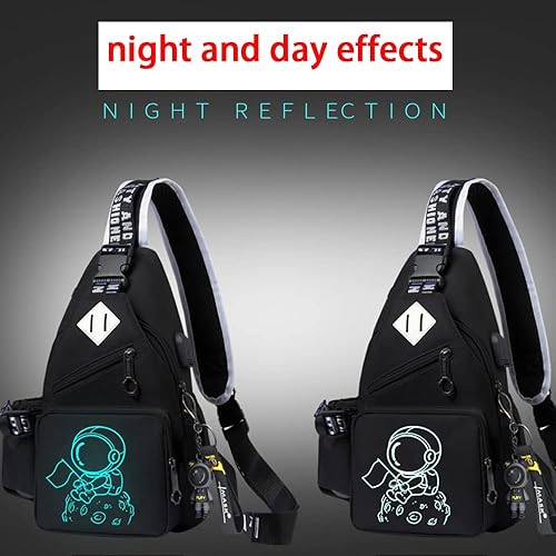 Miniatura 2 de Mochila de un solo hombro de moda con puerto USB y agujero para auriculares, patrón luminoso (negro)