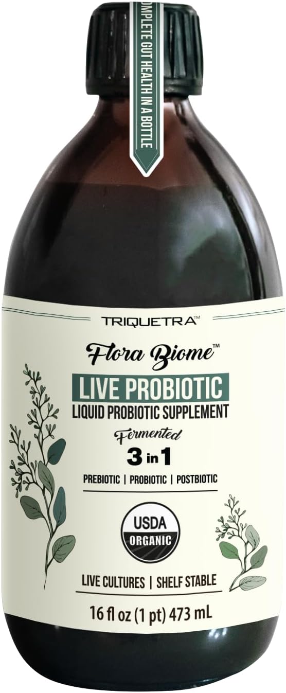 Flora Biome - Live Probiotic, Prebiotic, & Postbiotic – Organic Live-Culture – 10 Probiotic Strains, 18 Fermented Herbs - Complete Gut Health & Microbiome Optimizer (16 oz)