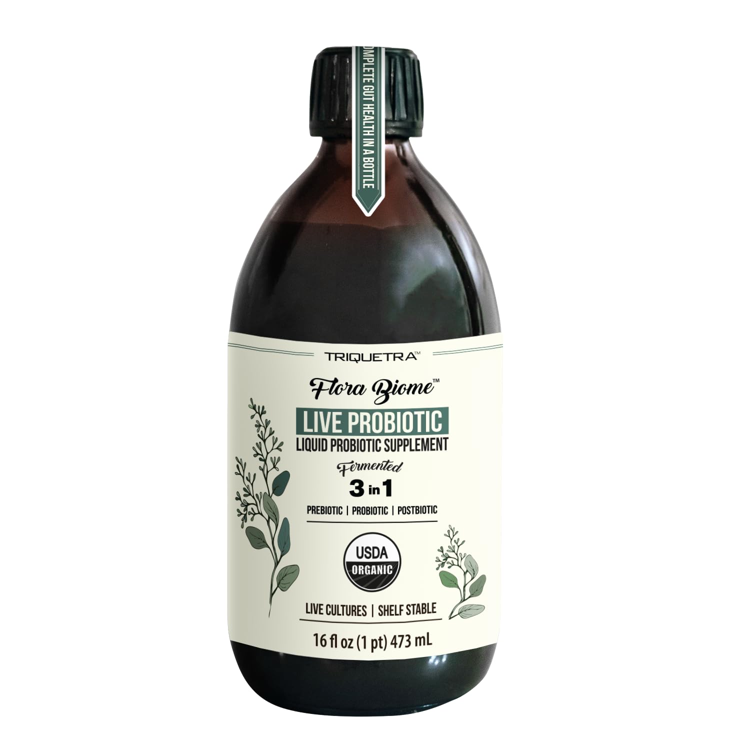 Flora Biome - Live Probiotic, Prebiotic, & Postbiotic – Organic Live-Culture – 10 Probiotic Strains, 18 Fermented Herbs - Complete Gut Health & Microbiome Optimizer (16 oz)USDA Organic