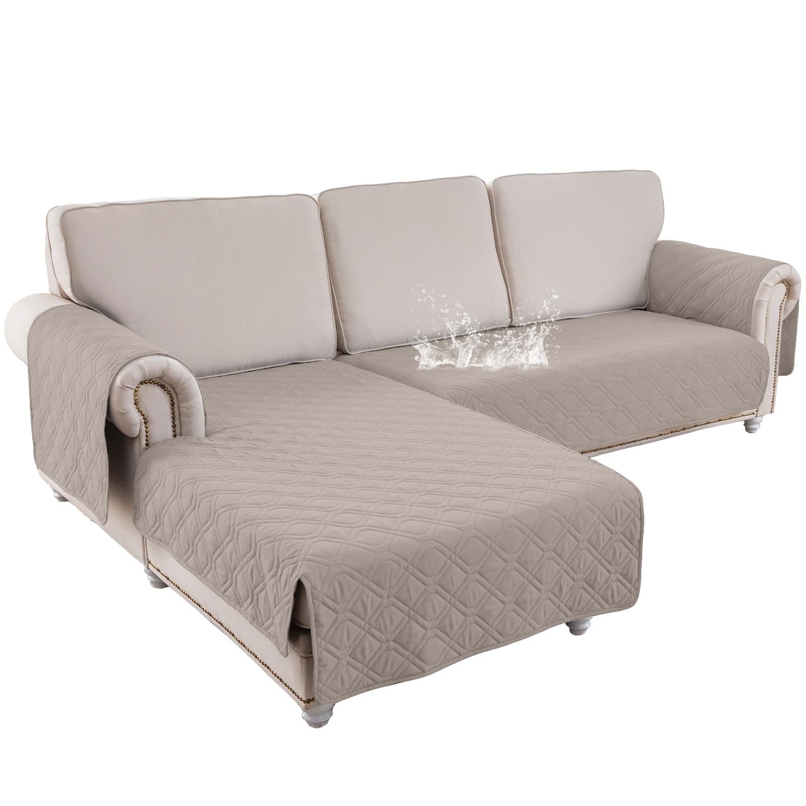 ele ELEOPTION 100% Waterproof 2 Piece Couch Cover Pet Blanket Sectional L Shape Sofa Cushion Cat Dog Bed Cover (Chaise Lounge + 2 Seat Covers) Khaki