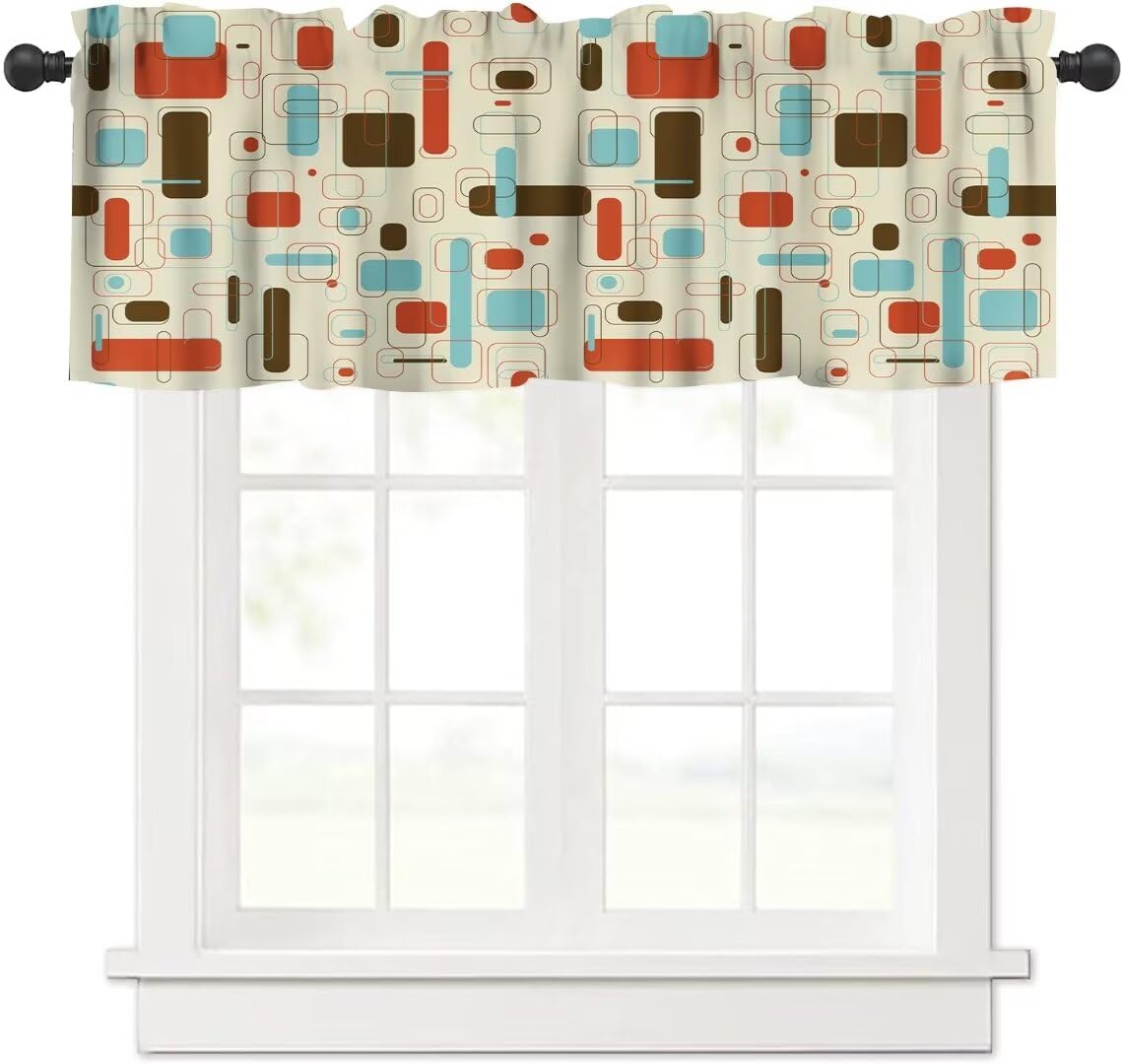Retro Abstract Geometric Window Valance Curtain, Vintage Shapes Mid Century Colorful Boho Style Window Treatment Valances for Kitchen Living Room Café Décor 54'x18', 1 Panel