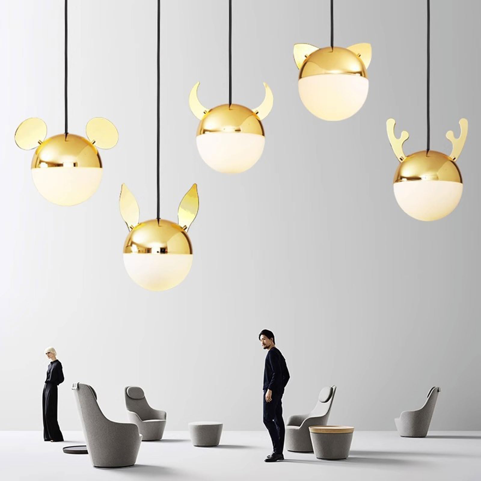 Lampada a sospensione creativa a forma di cartone animato per ristoranti, con vetro circolare dorato, stile multi-stile, attacco E14,luce calda a testa singola,lampadario da comodino,adatto per caffè