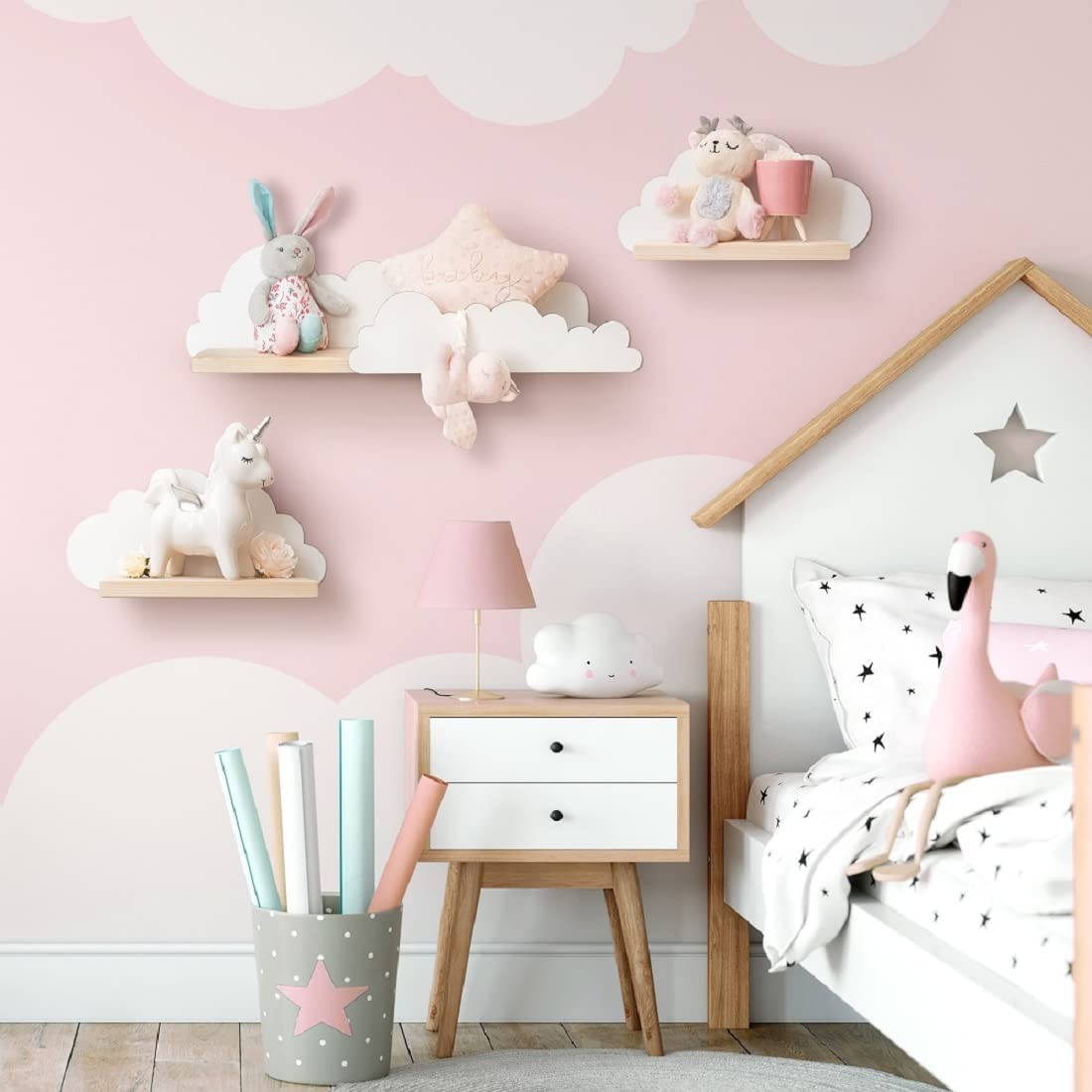 Outentin Lot de 3 étagères murales nuages pour chambre d'enfant, en bois naturel, en forme de nuage, avec supports et chevilles de fixation, blanc