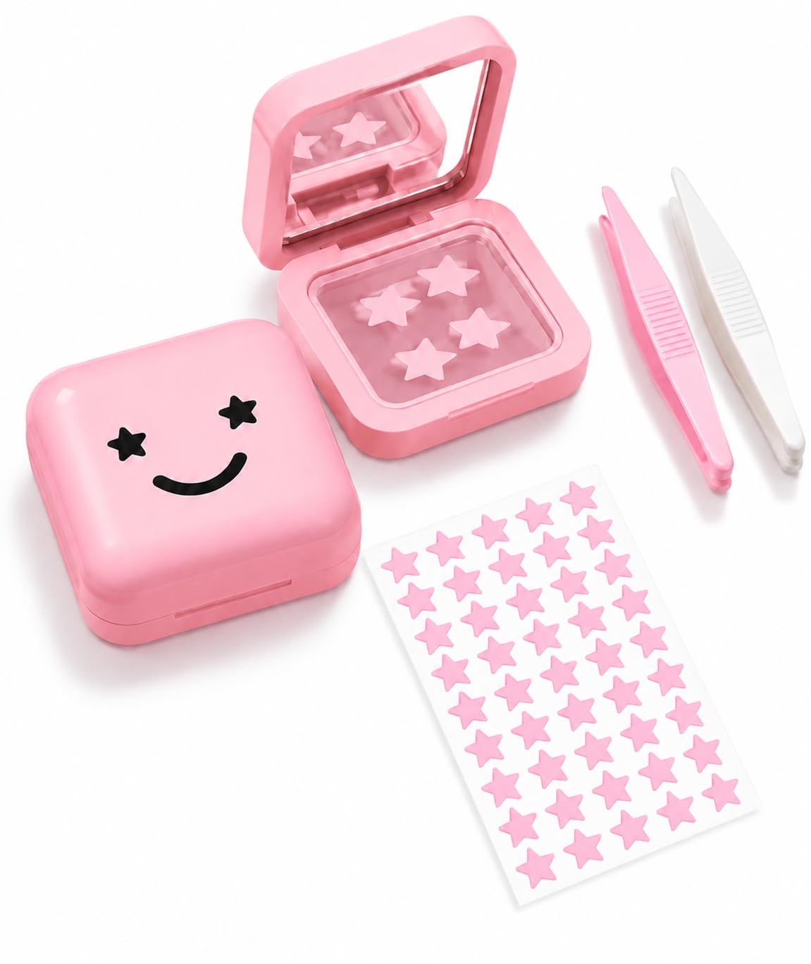 80PCS Star Pimple Patches, Cute Pimple Patches for Travel, Pink Smiley Mirror Case with 80 Star Patches and 2 Tweezers, Convenient Skincare Solution for All Skin Types-image-6