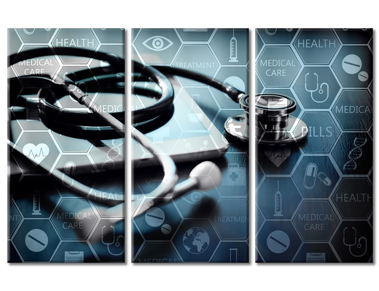 TUMOVO Canvas Wall Art Medicine Concept with Modern Laptop Poster Wall Art Canvas Print 3 Pieces Medical Network Artwork Paintings Wall Decor for Bedroom Framed Ready to Hang, 60" Wx40 H