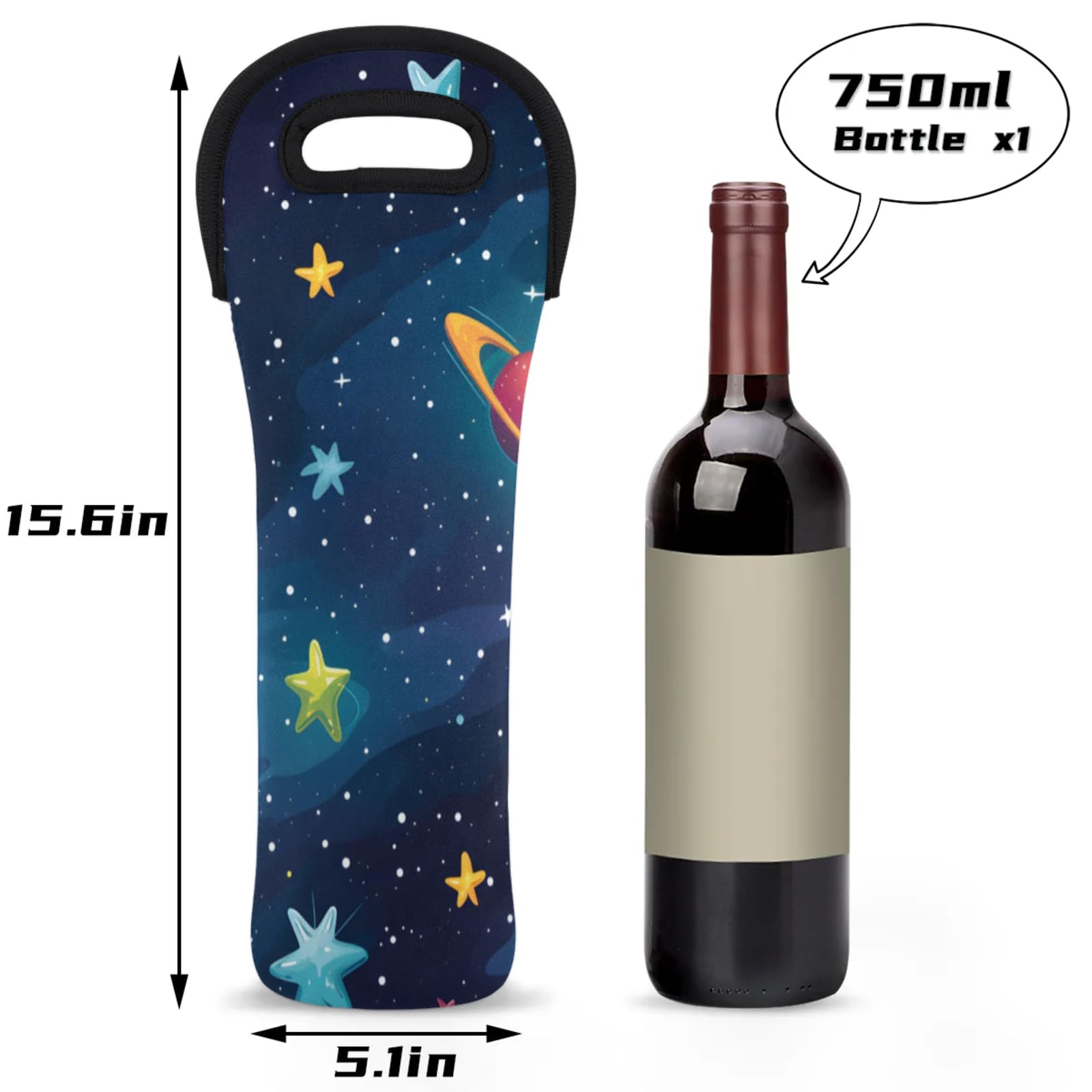 Neoprene Wine Tote Carrier Bag for Wine,Water, Champagne, Beer, Baby Bottles 15.6 x 5.1 Inches, Protective Wine Bag,Universe Stars