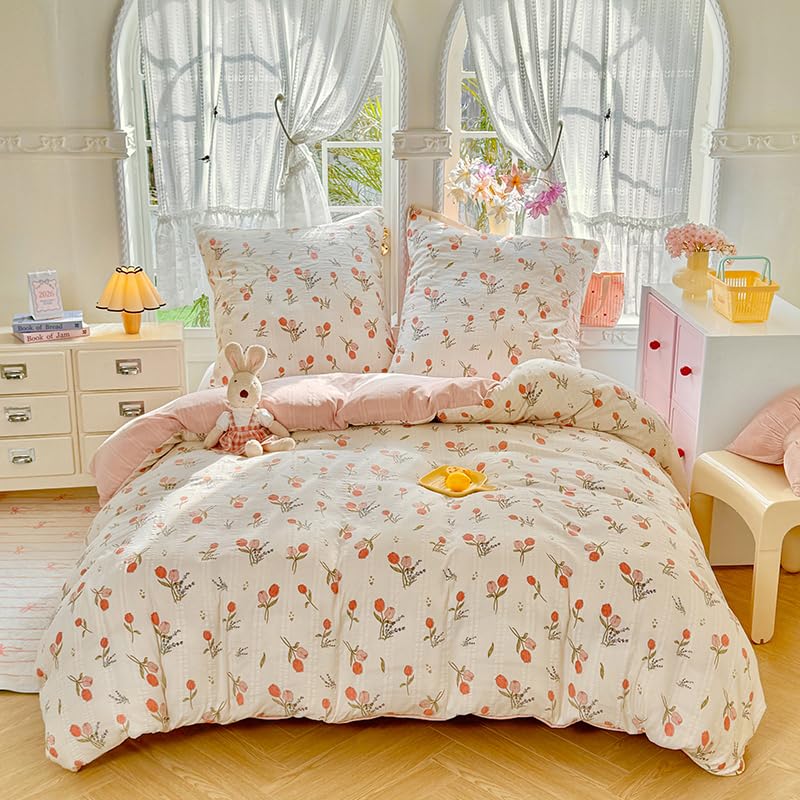 Joanna&Seasons-Housse de Couette 240x220 Fleurs Tulipe Beige,Vintage Parure de Lit Adult Motif Floral et Seersucker- Linge de Lit 2 Personnes en Microfibre avec Taies d'oreiller 65x65 cm