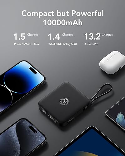 Miniatura 7 de VRURC Cargador portátil con cable incorporado, batería USB C de carga rápida de 10000 mAh 22.5 W, batería externa de energía para iPhone 17, 16, 15,