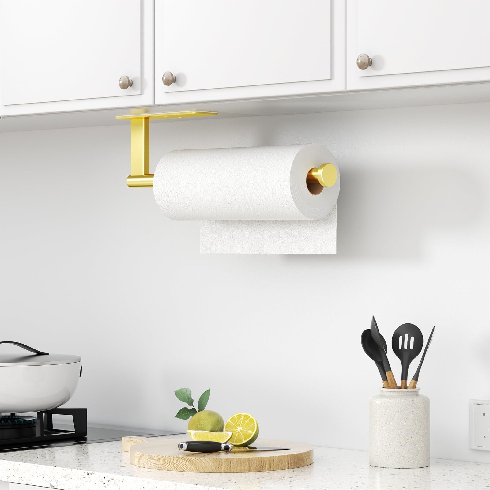 Soporte para toallas de papel debajo del gabinete, soporte de pared de acero inoxidable, autoadhesivo o perforado, toallero dorado mate para organización y almacenamiento de cocina, soporte para rollo 7