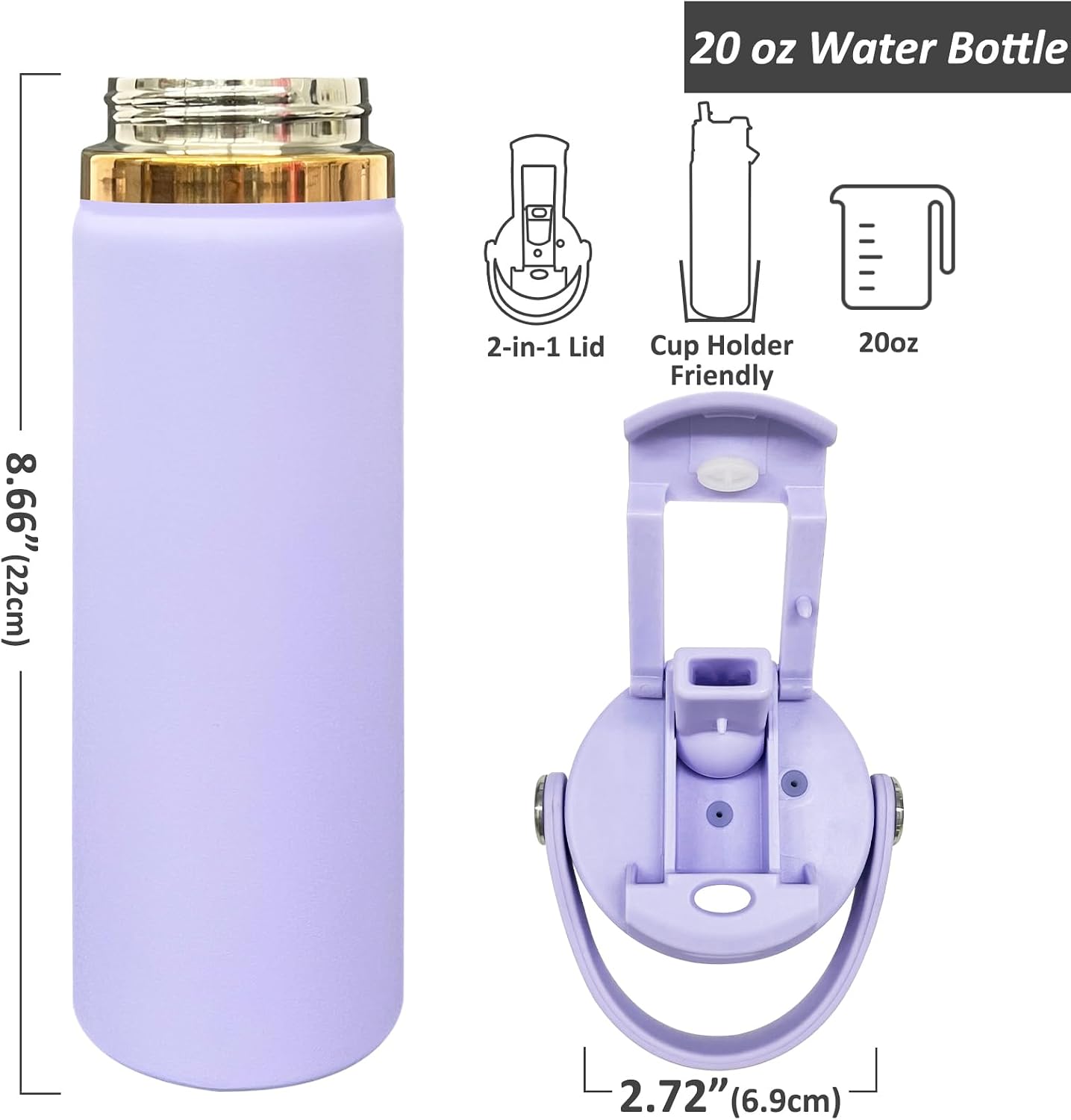 20 oz Insulated Water Bottle with 2-in-1 Straw and Spout Lid, Stainless Steel Water Bottle for Sports, Leakproof Double Wall Powder Coated Bottle, Keep Cold and Hot (Lilac,1 pack)