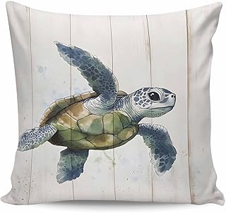 Blue Sea Turtle Throw Pillow Case Wood Grain Retro Farmhouse Ultra Soft Brushed Pillowcase with Invisible Zipper,Decorative Pillow Covers for Bed Sofa Couch, 18x18In