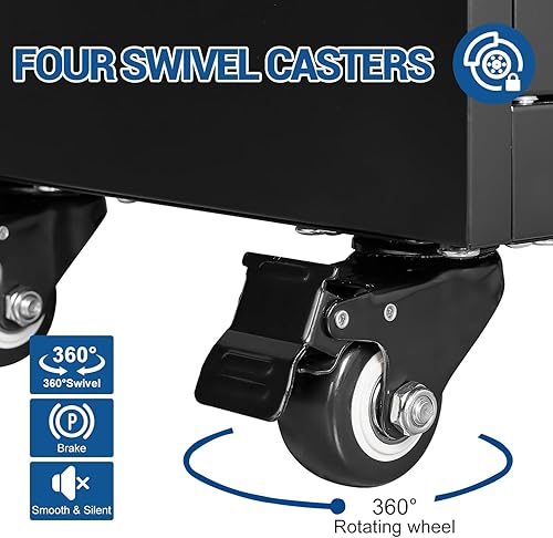 Miniatura 8 de Fesbos Gabinete de metal de 73 pulgadas, color negro, resistente con ruedas, estantes, puertas y cajones con cerradura, para garaje, despensa,