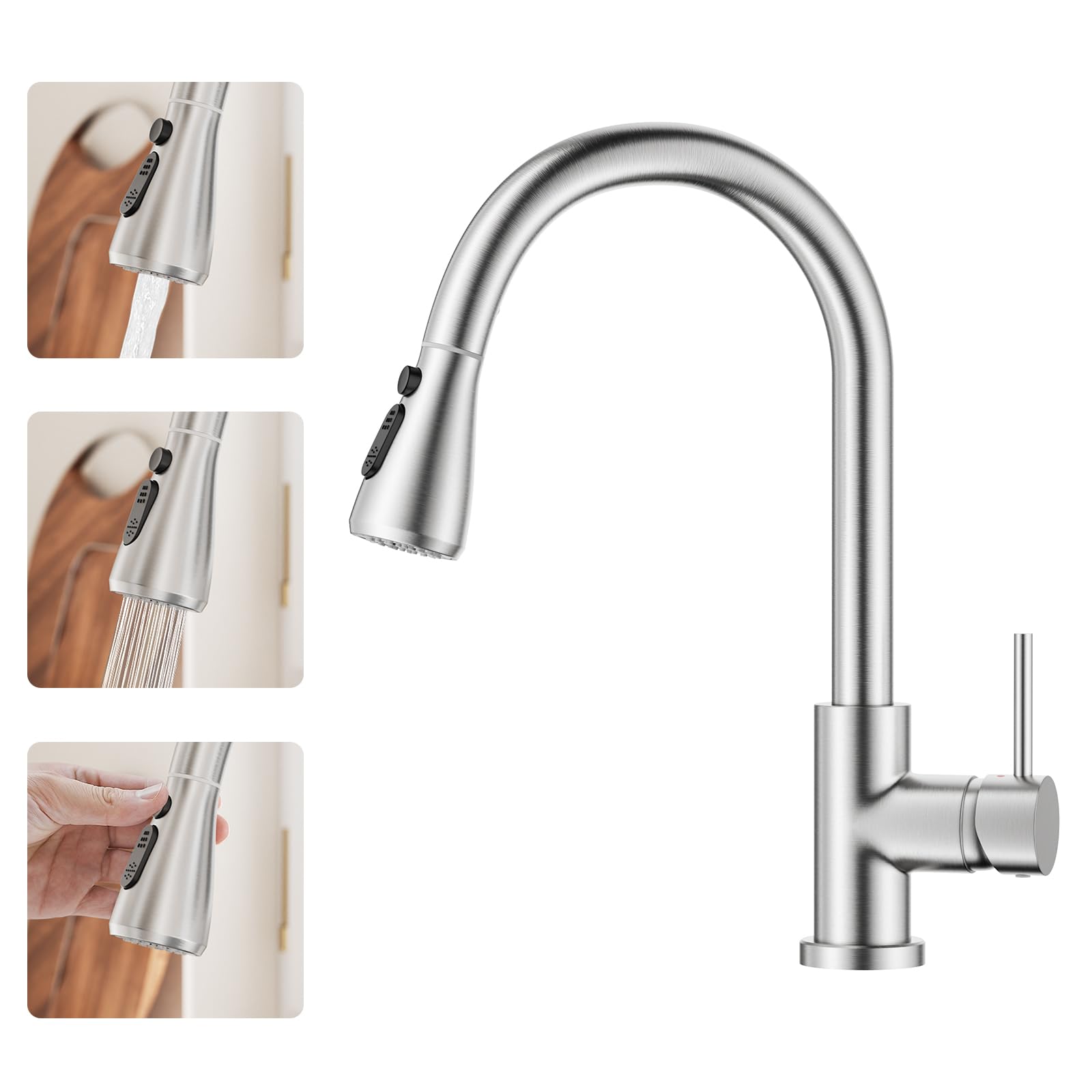 BESY Grifo de Cocina con Pulverizador Extraíble, Níquel Cepillado | Apto para 1 o 3 Agujeros, Cuerpo de Latón, Mango de Arco Alto, Commercial Grifo para Fregadero de Cocina