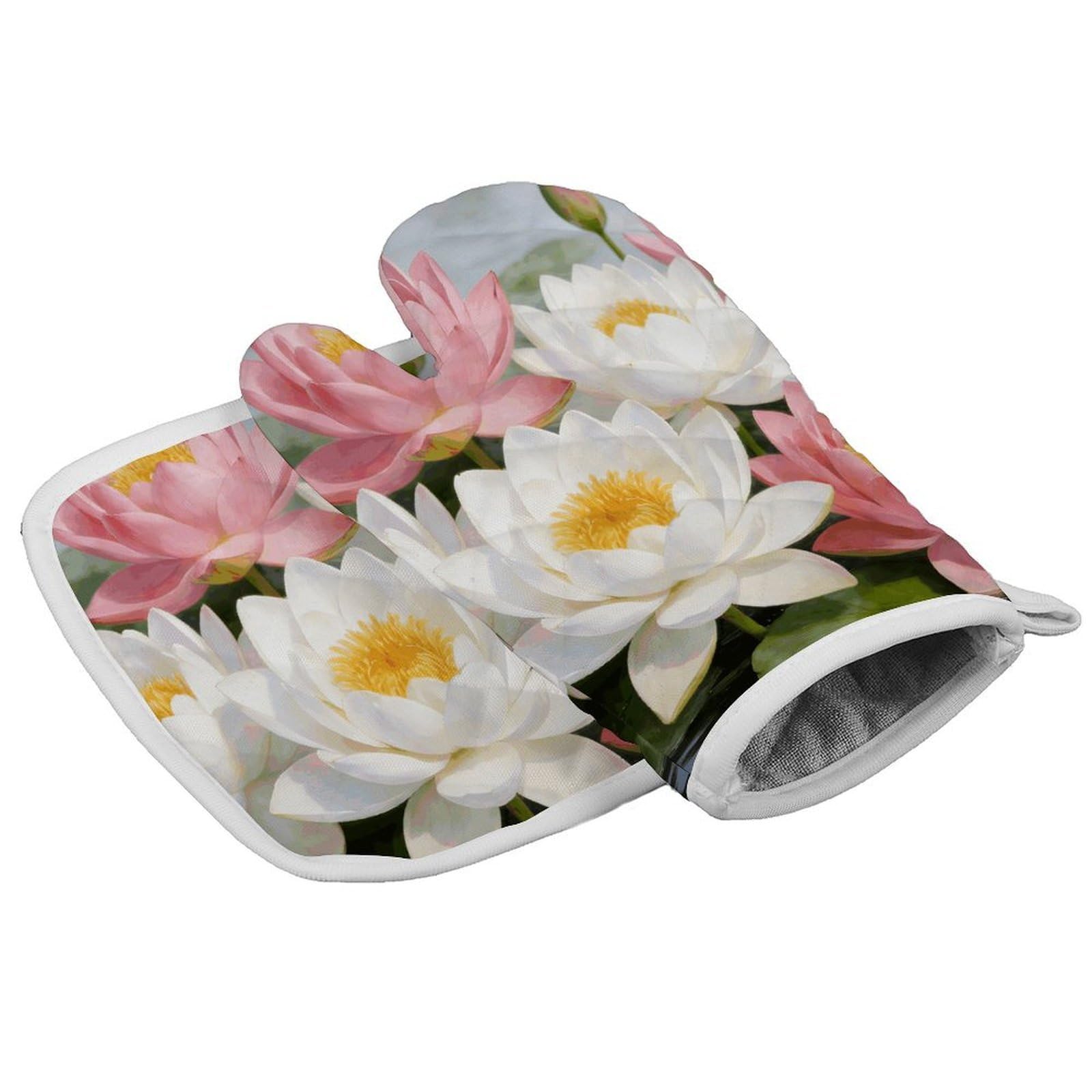 Fodpand Style Clear Pond Lotus Rhythms Oven Mitt Set With Lanyard, Cooking Mitt, Protective Thermal Insulation,Kitchen Mitt For Baking, Cooking, Grilling, Microwave