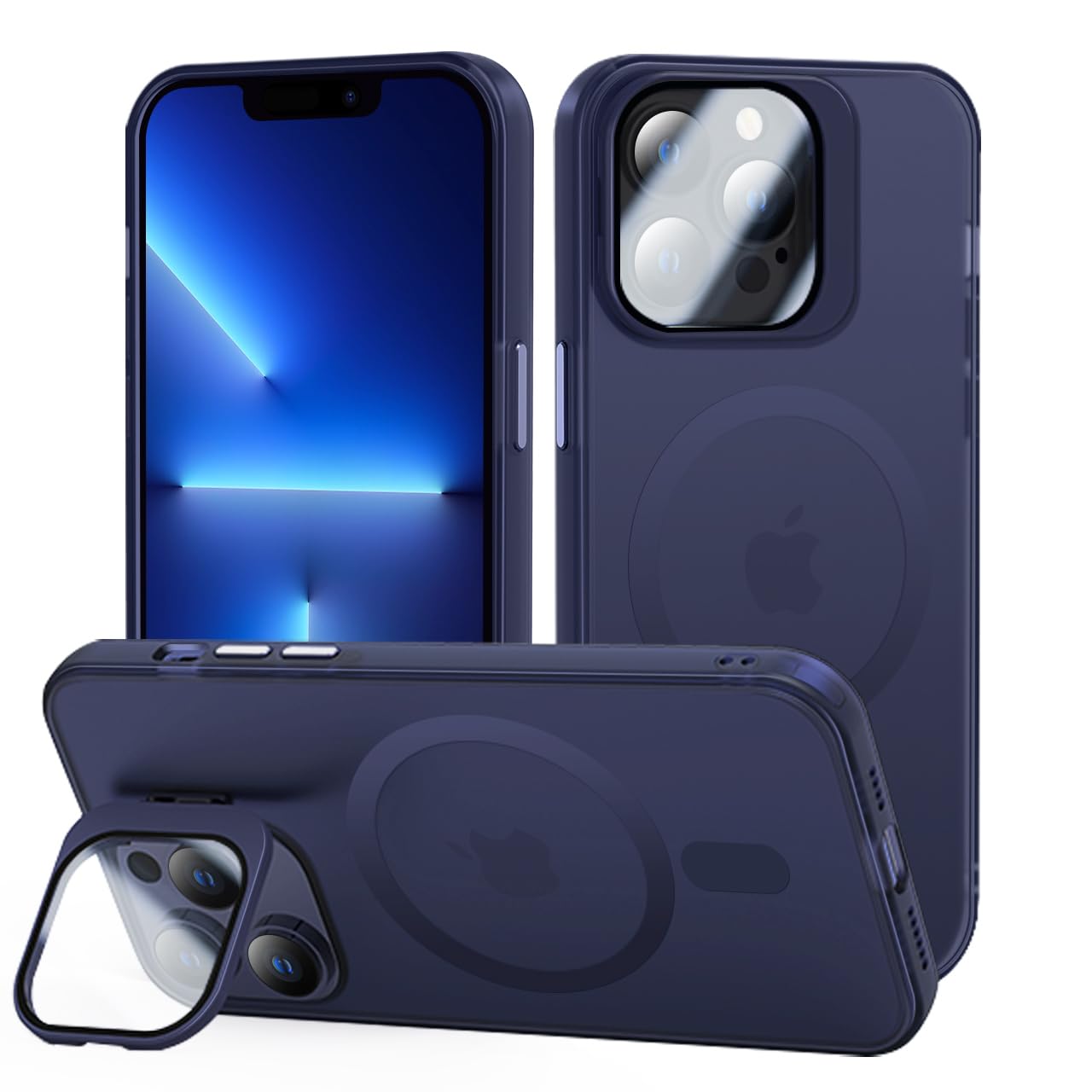 tigratigro Cover con Cavalletto,Compatibile con iPhone 13 Pro,Protezione Fotocamera H9 vetro temperato,Custodia Posteriore Glassata Traslucida, Anti-Impronte,Sensazione di Velluto (Azzurro Navy)