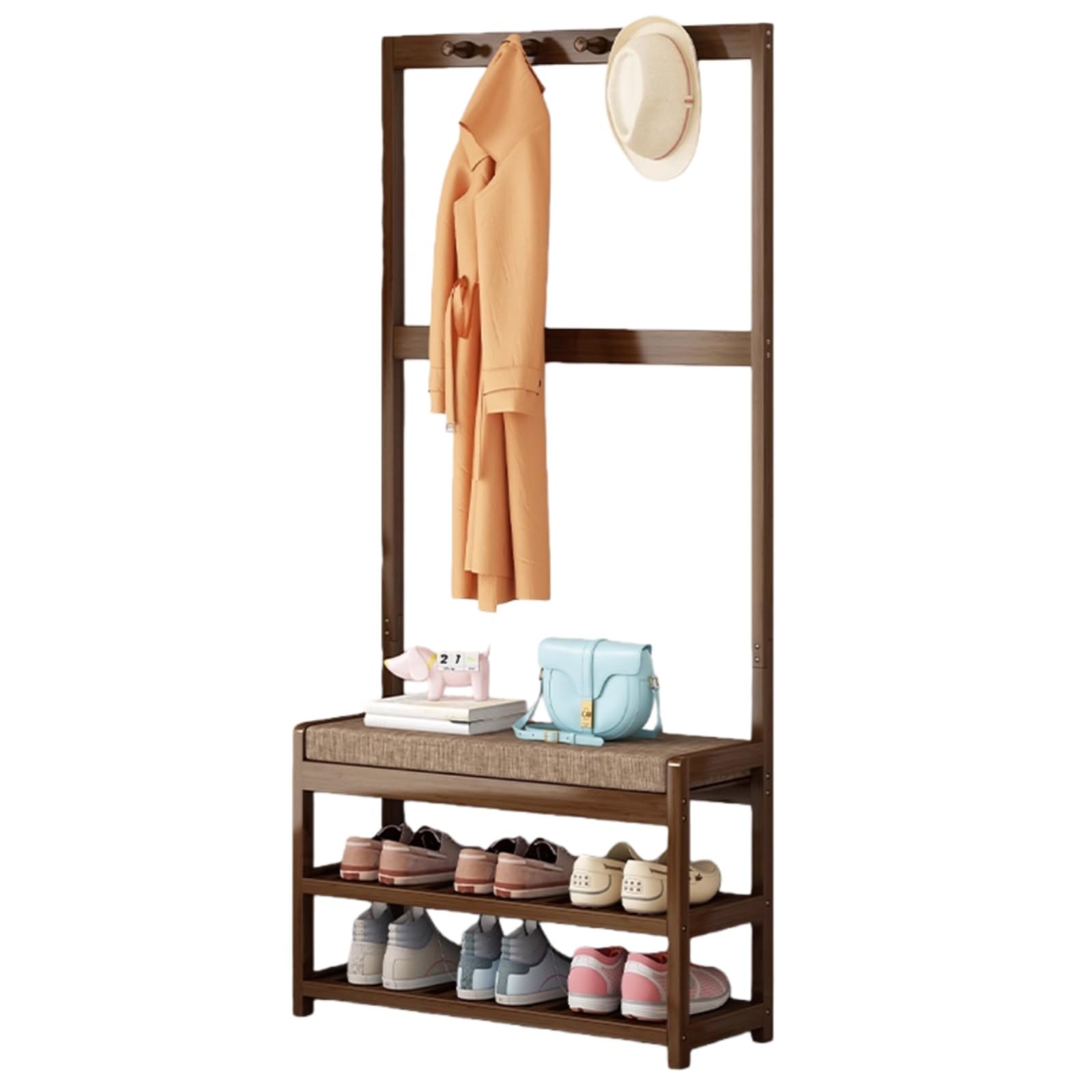 GHFXSCV 3-in-1 Bamboo Coat Rack Hall Tree with Shoe Bench & Cush, Freestanding Entryway nizer for Apartment, Dorm & Mudroom, 70cm/27.6in Sto Solut