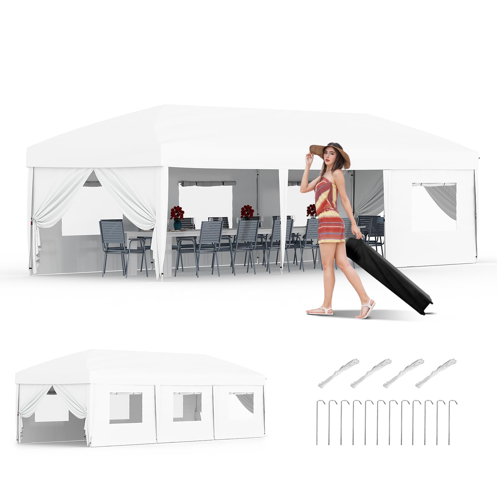 Photo 1 of ***MISSING PIECES -SELLING AS PARTS ONLY*** GarveeLife 10x30 Pop Up Canopy with 8 SideWalls - Heavy Duty Outdoor Canopy Tent with Portable Roller Bag - 3 Adjustable Height, 4 Weight Bags, 8 Stakes & 6 Guy Ropes Included-White
