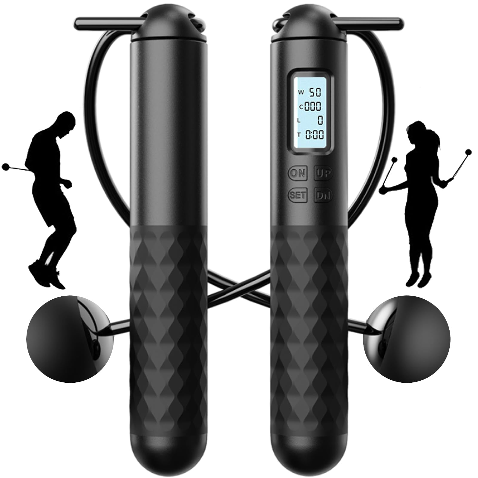 Cordless Skipping Ropes Ropeless Skipping Rope with Counter Wireless Jump Rope with Weighted Balls Portable Digital Fitness Training Equipment for Home Gym for Adults and Teens (Black)