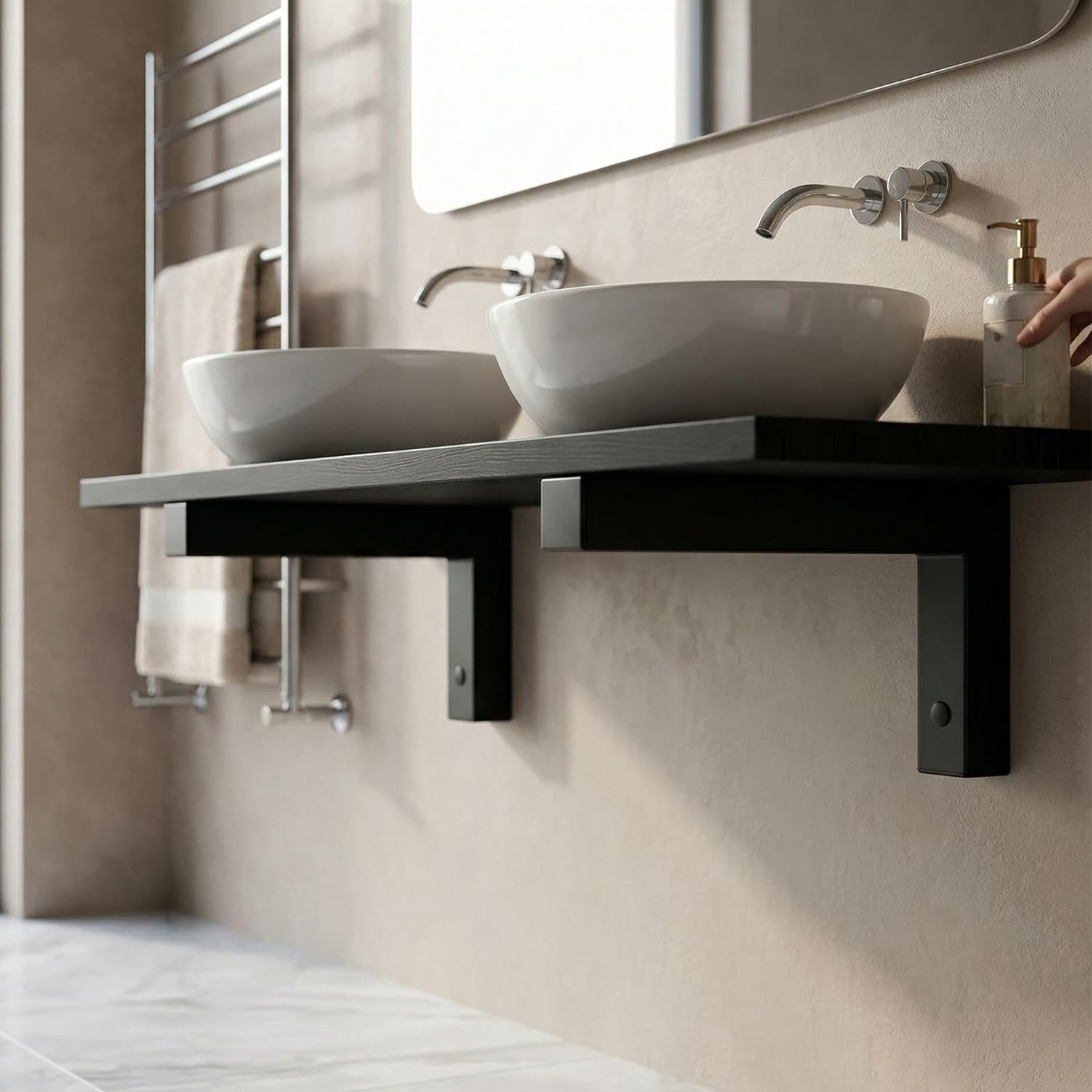 QWORK® 2x consola de metal resistente para lavabo, consola de pared angular de alta resistencia de 350 x 150 mm con material de fijación para lavabo y estante de pared - negro