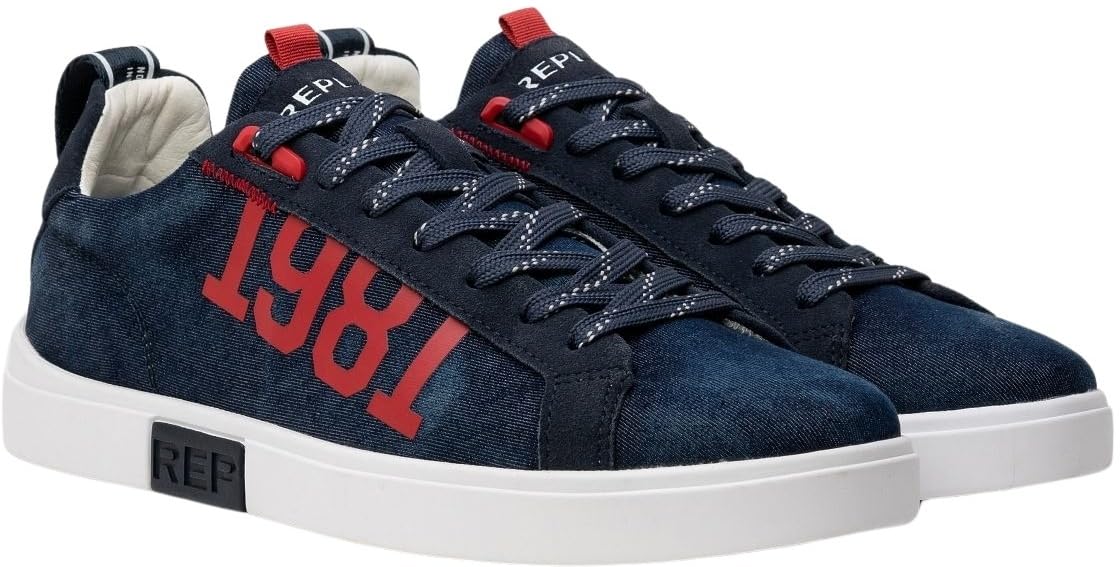 REPLAY Men's Polys Denim 81 Sneaker, 290 Navy red, 11.5 UK