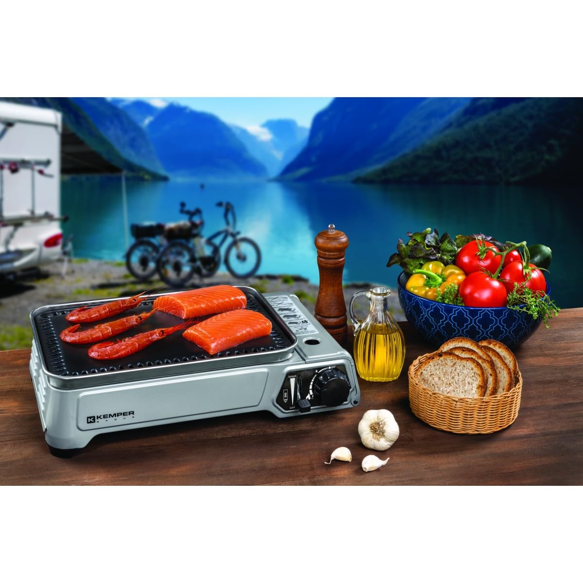 KEMPER - Plancha de gas portátil de 2300 W, placa antiadherente + 8 cartuchos de gas camping + maleta de transporte