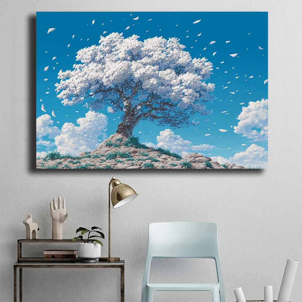 CUDAOO Drzewo życia sztuka ścienna białe bawełniane drzewo do salonu dekoracja sypialni biura dekoracja domu (niebiesko-białe) - 40 x 60 cm oprawione