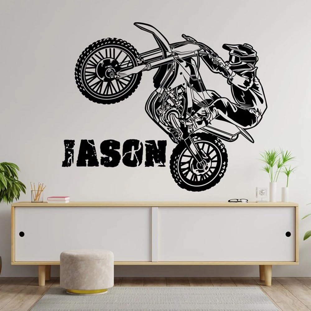 Personalised Wall Sticker, Custom Name Motocross Dirt Bike Wall Sticker, Decal Extreme Sport Motorcycle Sport Boy Kids Room Playroom Home Decor, Name Wall Stickers for Boys(75cmx65cm)