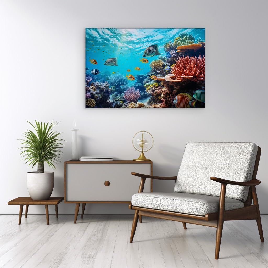 Canvas for Living room. Dive into a Kaleidoscope: Exploring a Thriving Coral Reef's Rainbow Palette, 27 x 18 inch Canvas Wall Art - Contemporary Masterpieces - Modern Home Decor