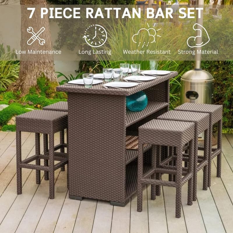 Image of OUTLIVING Patio Rattan Wicker 6 Seater Bar Set With Storage Table and 6 Bar Stools | Multipurpose Outdoor High Bar Furniture for Porch, Home, Garden, Balcony, Backyard, Poolside, and Courtyard (Brown)