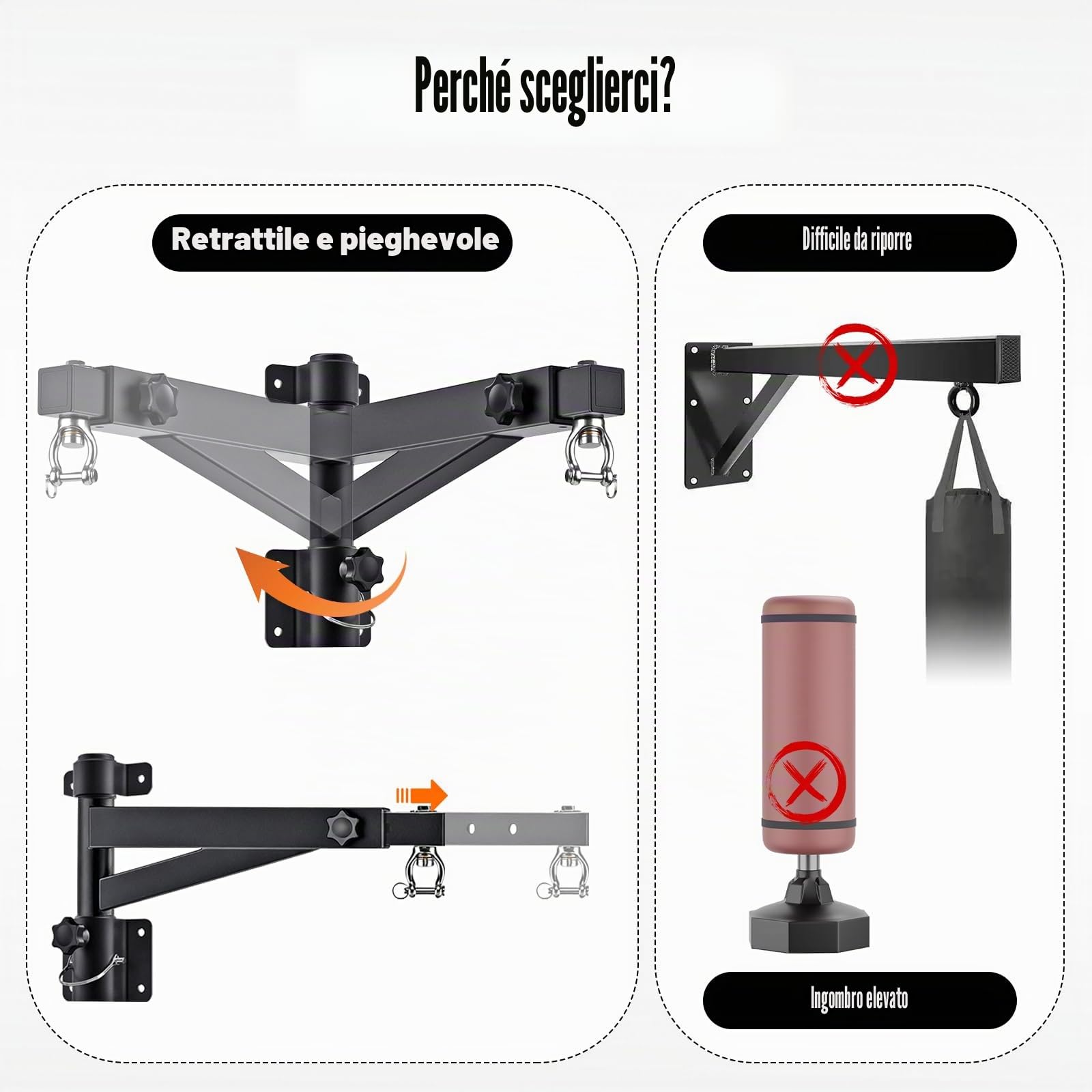 JAOGAUS Supporto Sacco da Boxe a Muro Regolabile e Ripiegabile | Staffa per Sacco Boxe con Lunghezza Regolabile 43-63 cm, Rotazione 180° e Portata 150 kg per Casa, Garage e Palestra