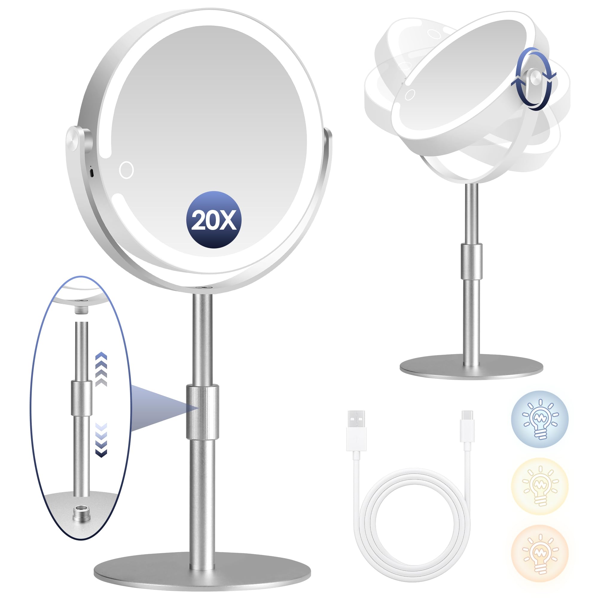 B Beauty Planet Espejo de aumento con luz, espejo de maquillaje con aumento, espejo de doble cara con aumento de 1X y 20X para baño, altura ajustable y colores claros (plateado)