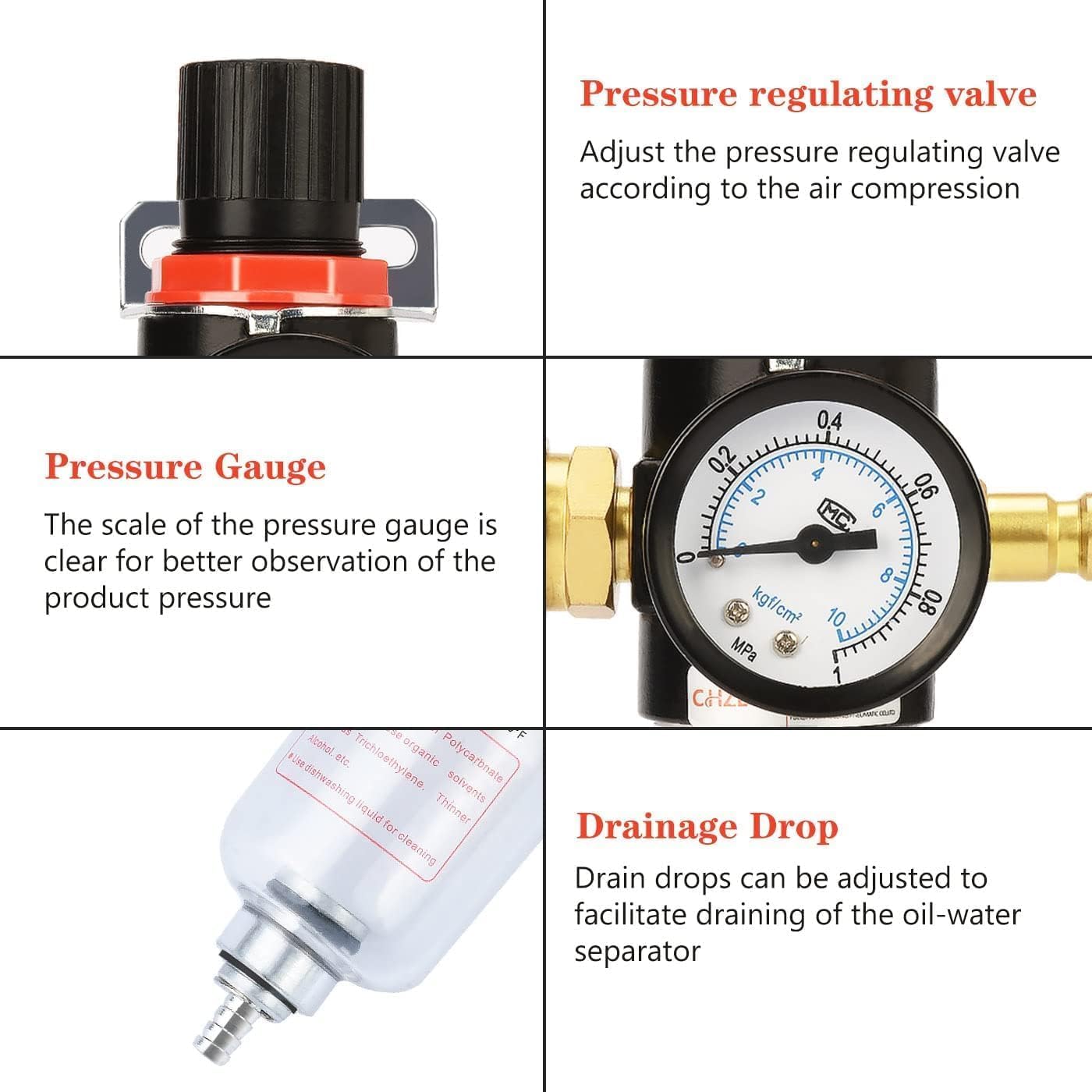 Reductor de presión de aire comprimido, Regulador de Presión de Aire Comprimido, Rosca 1/4 BPS AF2000 válvula reguladora de presión manómetro separador de aire aceite agua para Compresores Aire