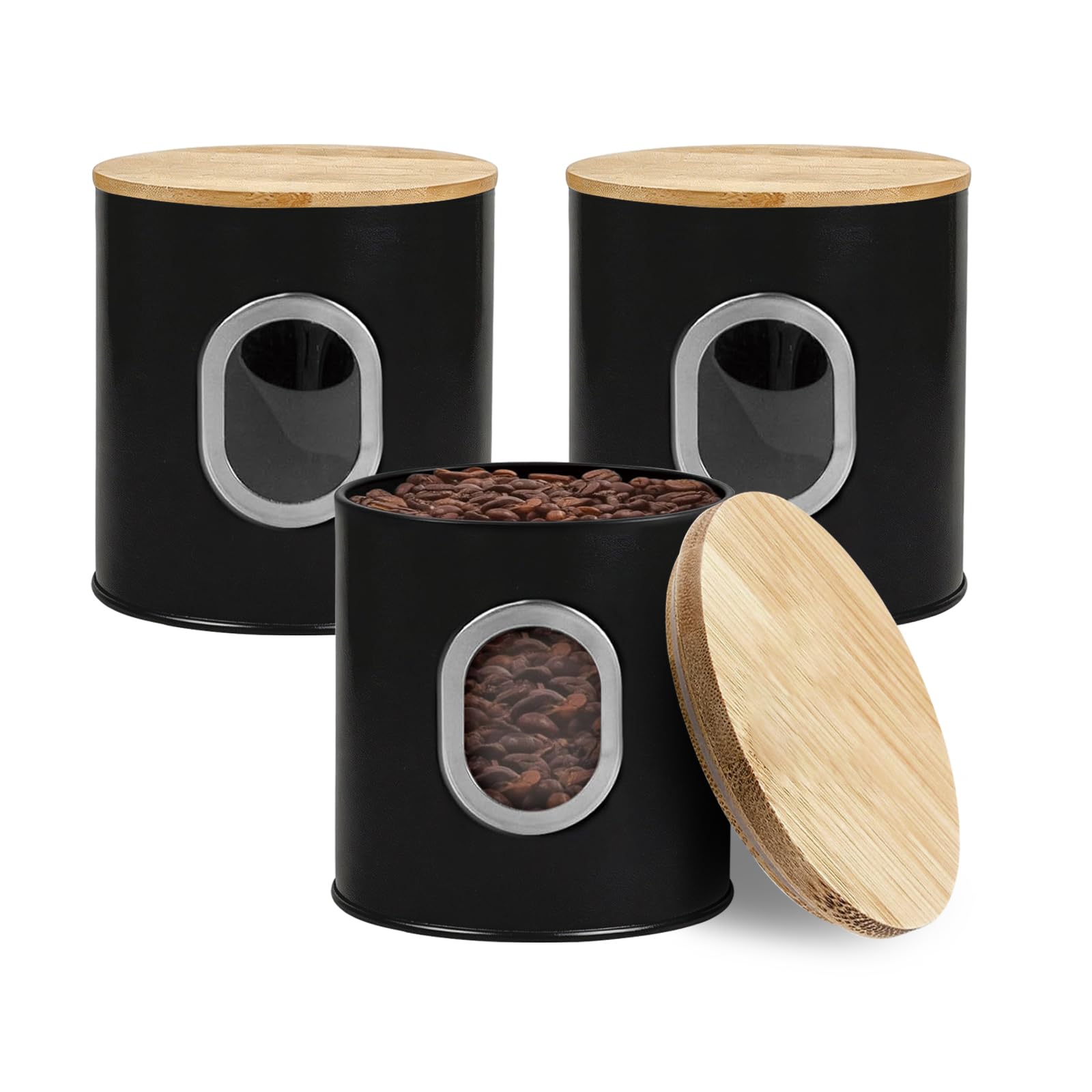Houbobo 3 PC Tea Coffee Sugar Canister with Window, Airtight Food Storage Container with Lid, Black Kitchen Food Canister Jar for Coffee Beans, Sugar, Tea, Cereal