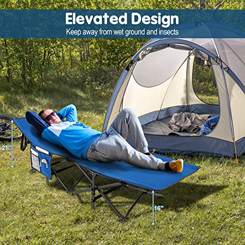 Goplus Folding Camping Cot, 27.5" Sleeping Cot For Adults With Carry Bag, 600Lbs Weight Capacity, Slanted Head, Side Pocket, Heavy Duty Portable Camping Bed For Kids, Beach, Office Snap (Blue) #TOP5