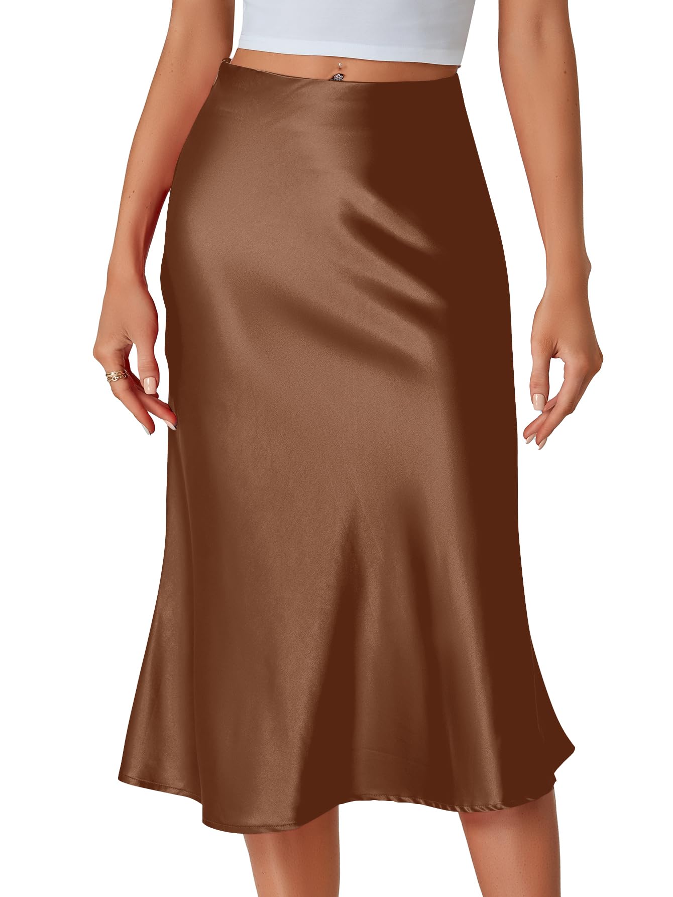 LYANER Womens Elegant Satin Silky Elastic High Waist Zipper A Line Midi Skirts