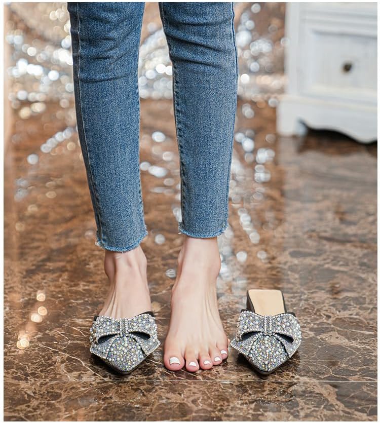 DISHAHSD Rhinestone Bow for Women Flat Mules Pointed Toe Backless Slip On Mules Ladies Comfort Soft Sole Flat Loafer - Image 5