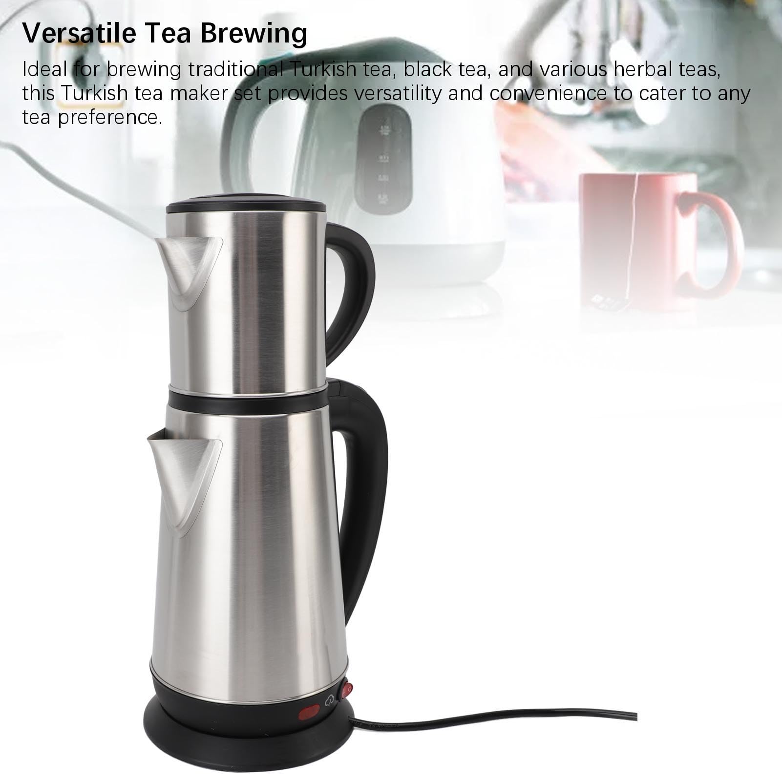 Bouilloire Électrique Turque 1L & 2L en Acier Inoydable – Théière Double Capacité pour Thé, Tisanes & Infusions Authentiques (Prise UE 220V)