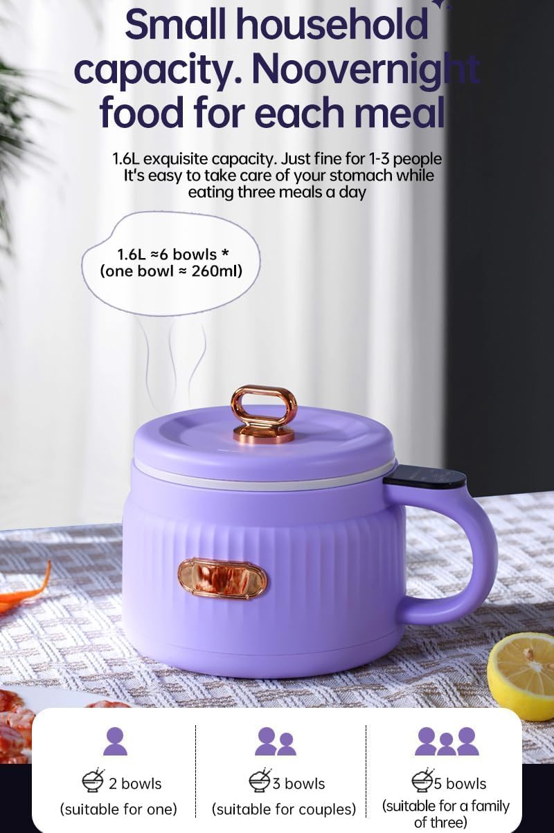 Electric Hot Pot, 1.6L Ramen Cooker, Multi-Function Electric Hot Pot, Portable Sauté Pan with Over-Heating Protection, Boil Dry Protection, for Pasta, Noodles, Steak, Egg Purple