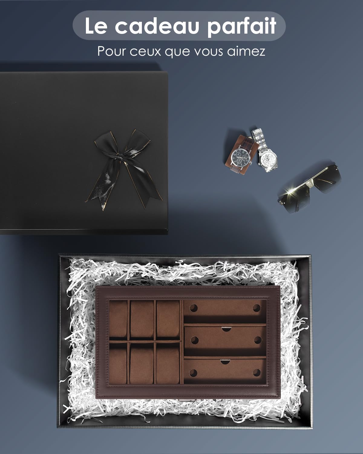 Kukikan Boîte à bijoux pour montre, boîte de rangement pour montres et lunettes de soleil avec grand couvercle en verre, 6 emplacements et 2 couches, boîte à bijoux pour homme avec serrure, présentoir
