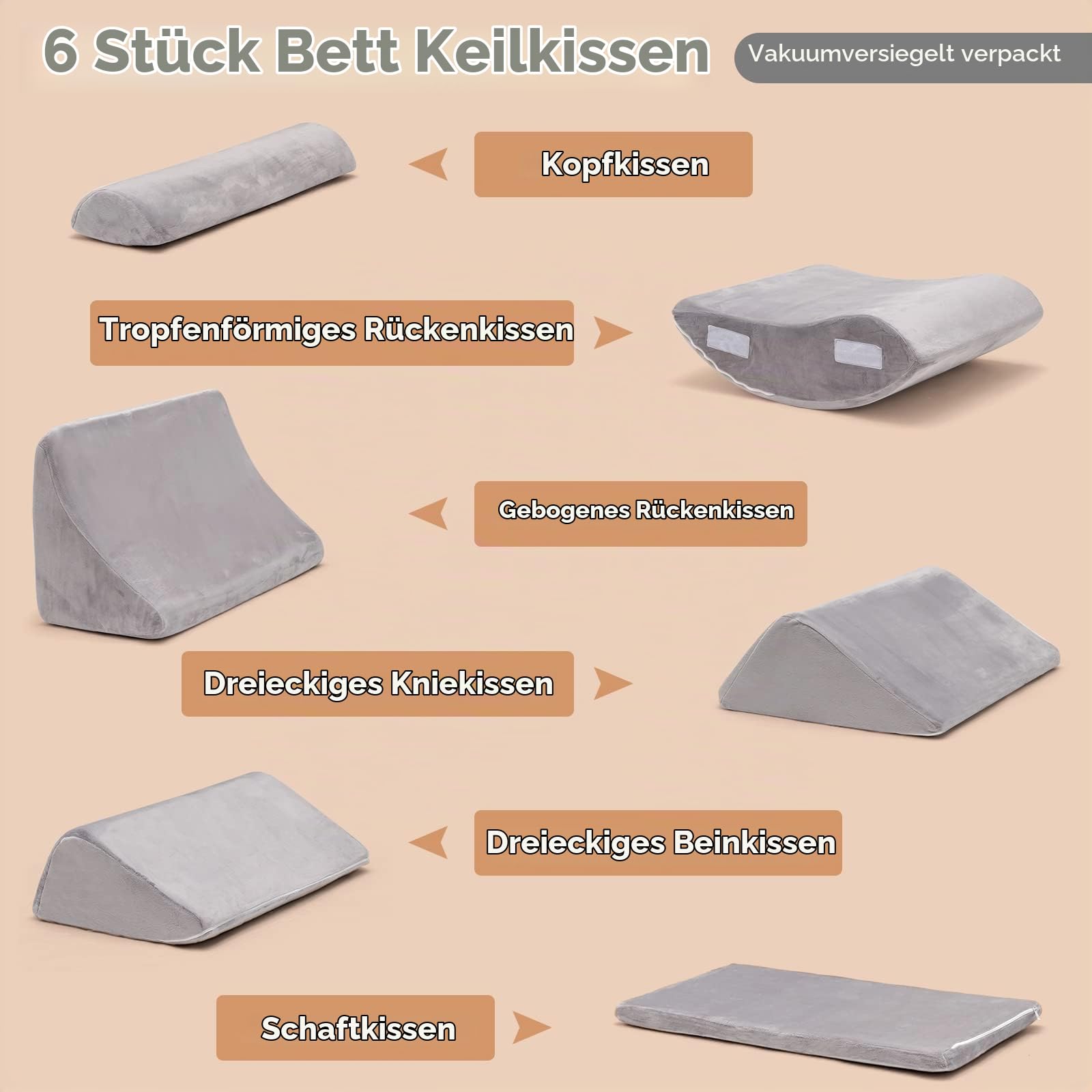 COSTWAY 6-teiliges orthopädische Kissen-Set, Memory-Schaum-Keilkissen mit Abnehmbarer Kopfstütze, bequemes und verstellbares Lesekissen Bettkeilkissen Rückenstützkissen zum Schlafen und Lesen
