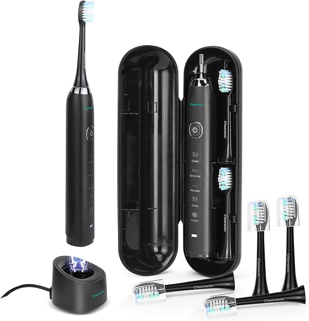 Electric Toothbrush for Adults,Rechargeable Sonic Toothbrush with Travel Case,5 Option Modes, 5 Replacement Brush Heads by CheersonicBlack