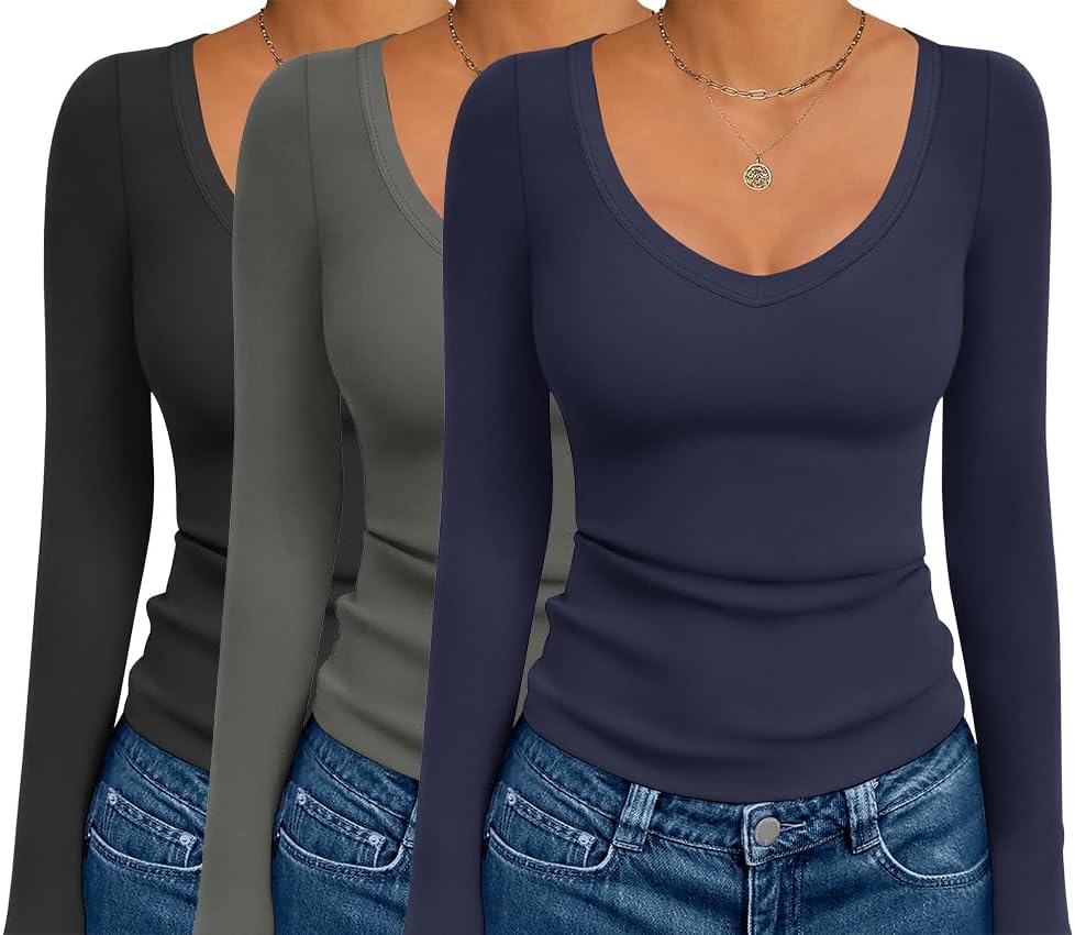 Ekouaer 3 Pack Long Sleeve Shirts for Women Deep V Neck Basic Thermal Tops Base Layer Undershirts XS-XXL