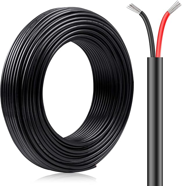 20M/65.6ft 12V Low Voltage Wire, Outdoor Landscape Lighting Cable, 22 Gauge Conductor Extension Cable, 22AWG Electrical Cord Red & Black Tinned Copper Hookup Wire Kit, 2 Pin with Black Reel Package